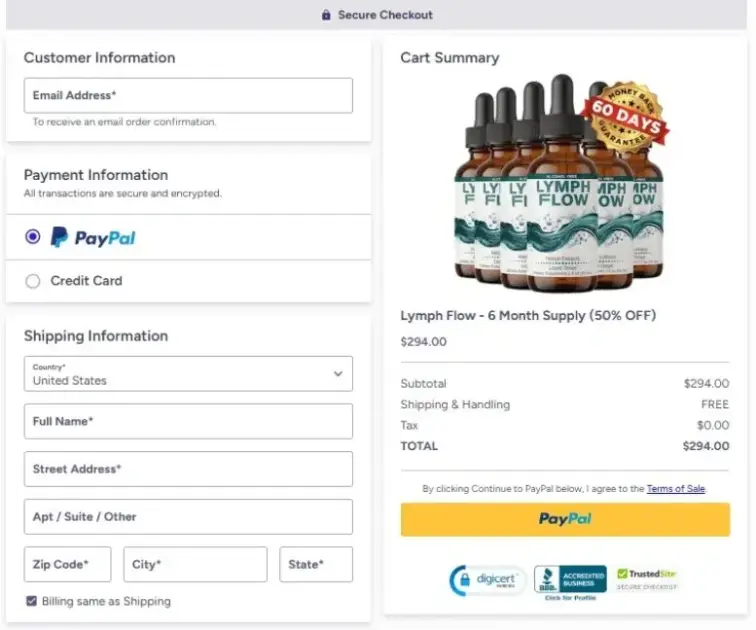 Lymph Flow checkout and payment options
